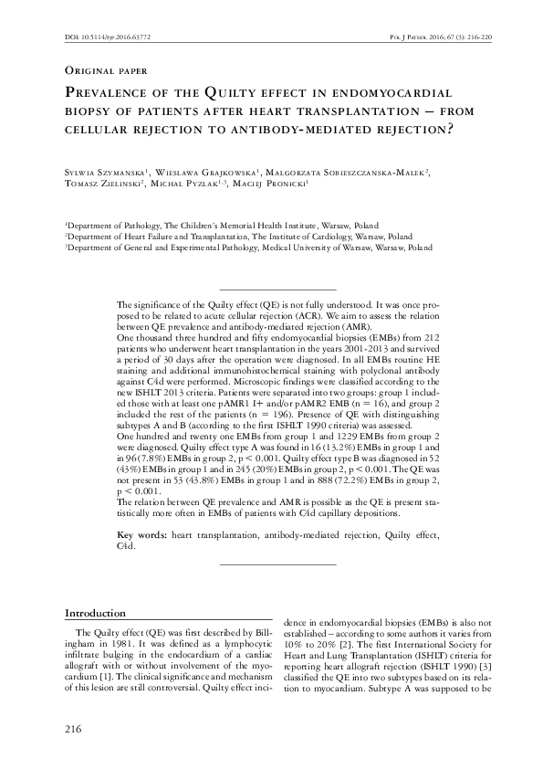 (PDF) Prevalence of the Quilty effect in endomyocardial biopsy of ...