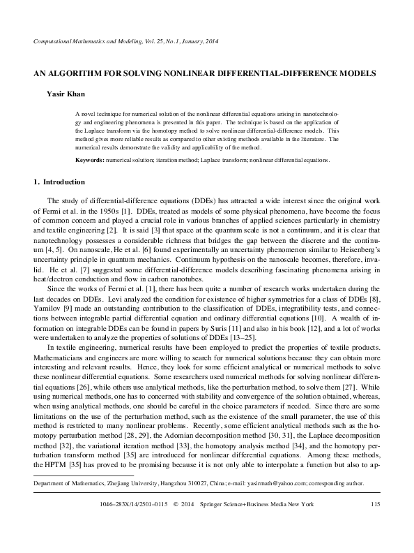 (PDF) An Algorithm for Solving Nonlinear Differential-Difference Models