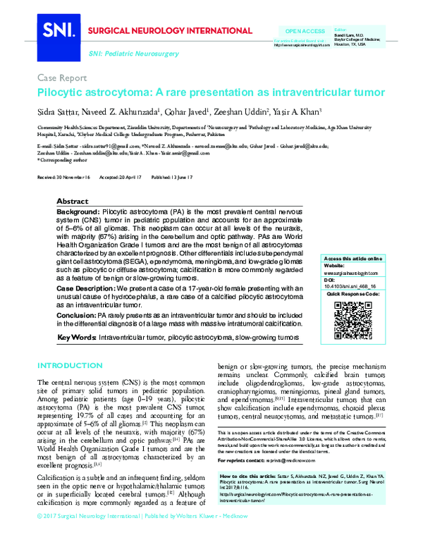 (PDF) Pilocytic astrocytoma: A rare presentation as intraventricular tumor