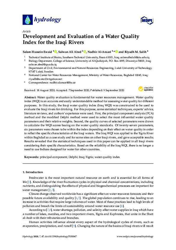 (PDF) Development and Evaluation of a Water Quality Index for the Iraqi ...