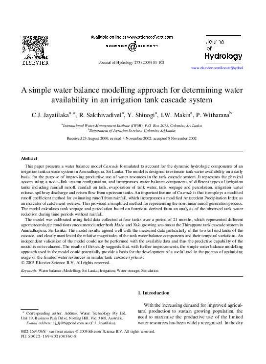 (PDF) A simple water balance modelling approach for determining water