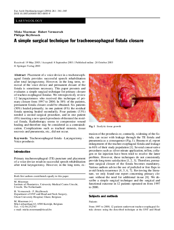 (PDF) A simple surgical technique for tracheoesophageal fistula closure