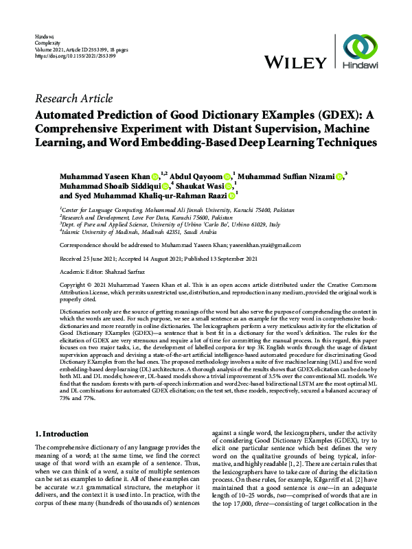 (PDF) Automated Prediction of Good Dictionary EXamples (GDEX): A ...
