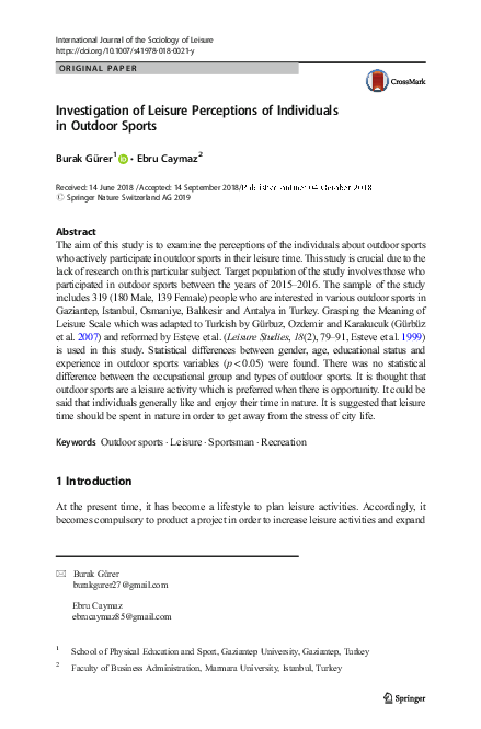 (PDF) Investigation of Leisure Perceptions of Individuals in Outdoor Sports