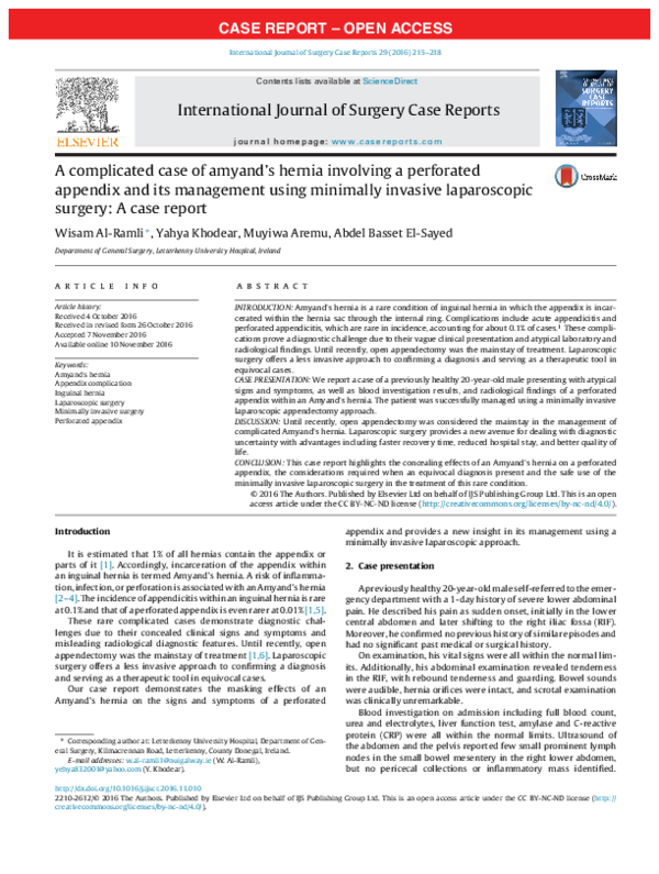 (PDF) A complicated case of amyand's hernia involving a perforated ...