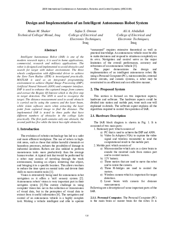 (PDF) Design and Implementation of an Intelligent Autonomous Robot System