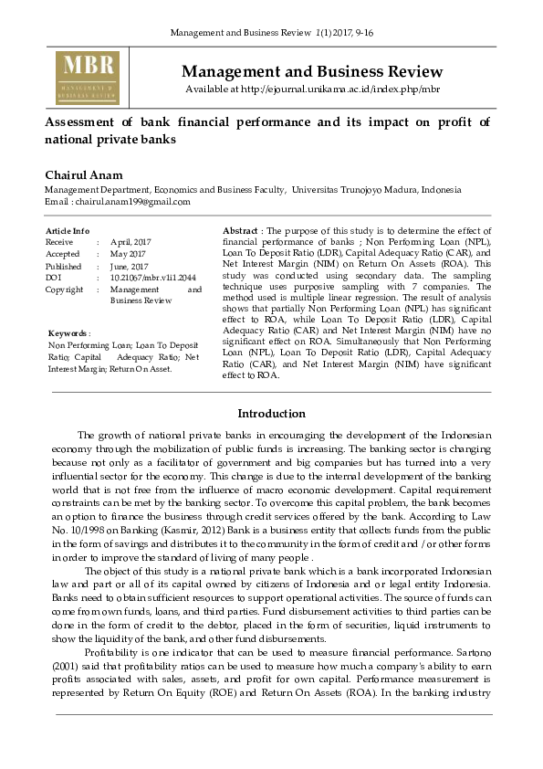 (PDF) Assessment of bank financial performance and its impact on profit ...