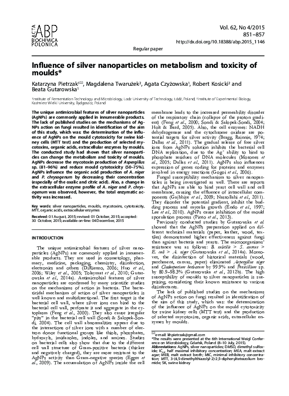(PDF) Influence of silver nanoparticles on metabolism and toxicity of ...