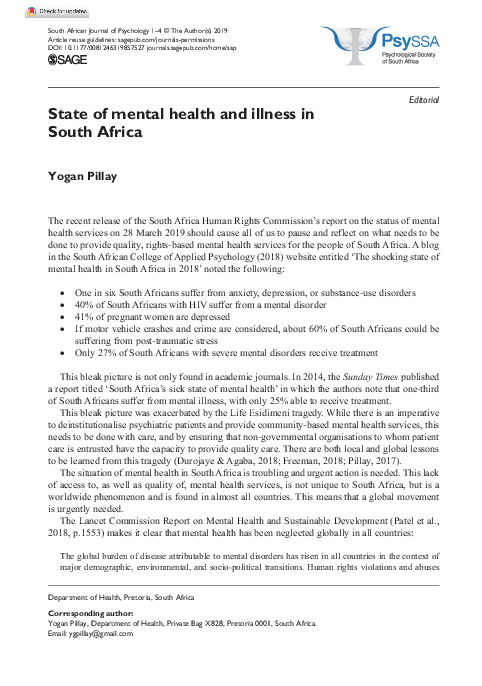 (PDF) State of mental health and illness in South Africa