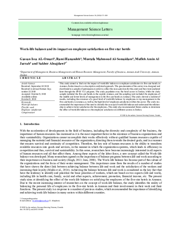 (PDF) Work-life balance and its impact on employee satisfaction on five ...