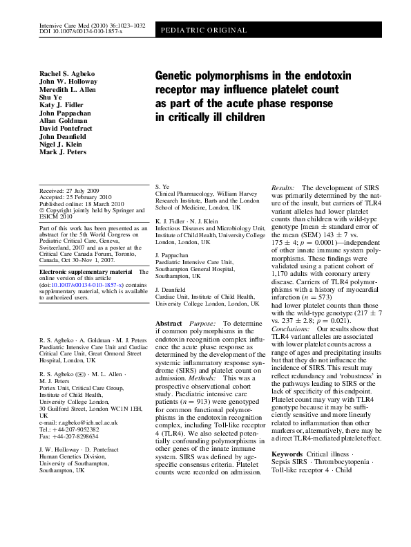 (PDF) Genetic polymorphisms in the endotoxin receptor may influence ...