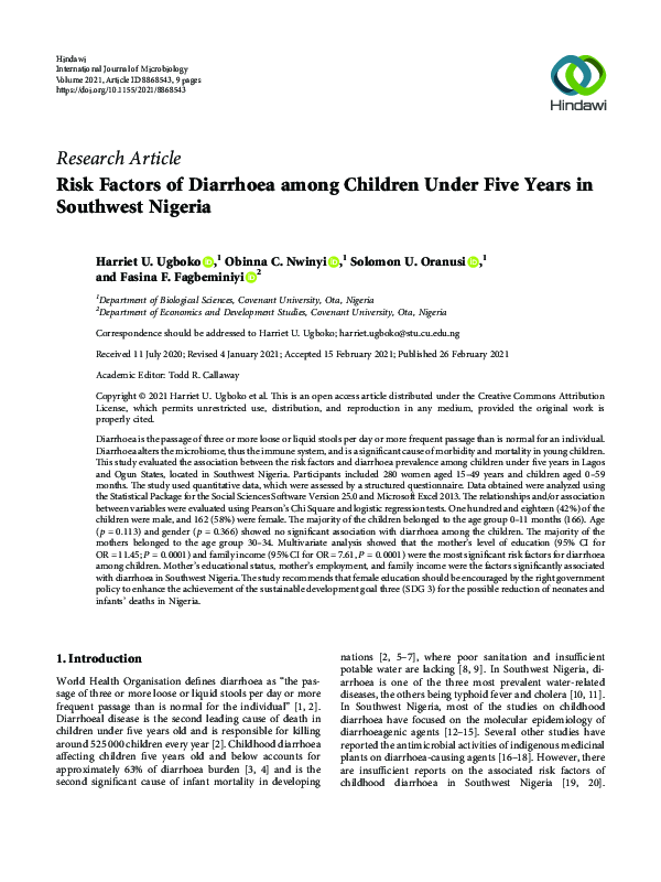 (PDF) Risk Factors of Diarrhoea among Children Under Five Years in ...