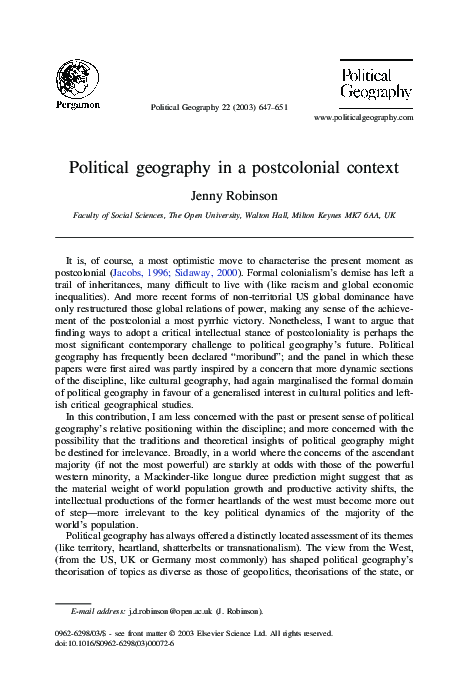 (PDF) Political geography in a postcolonial context