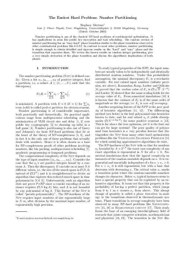 (PDF) The Easiest Hard Problem: Number Partitioning