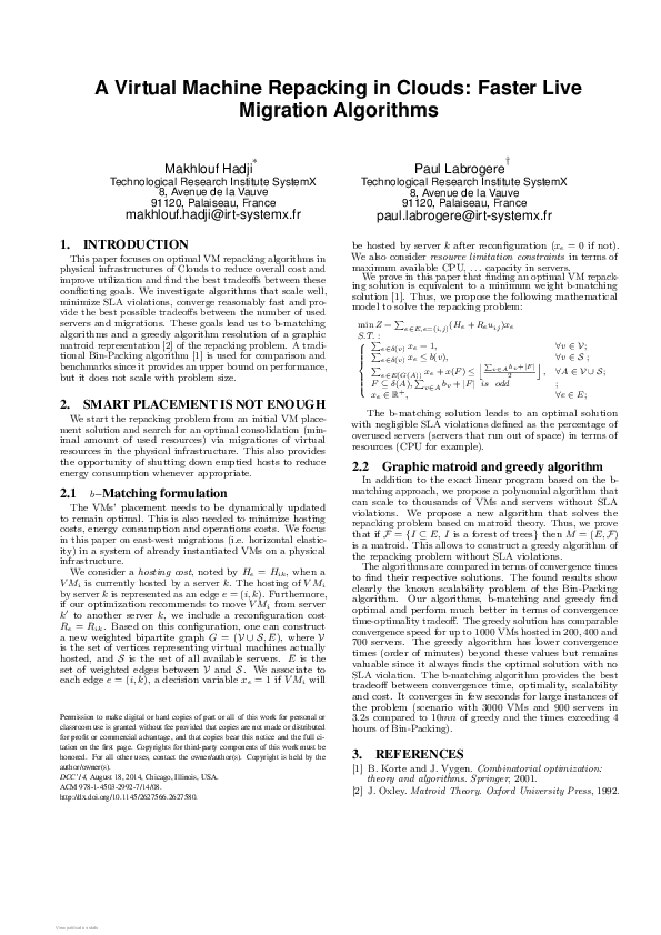 (PDF) A virtual machine repacking in clouds | Makhlouf Hadji - Academia.edu