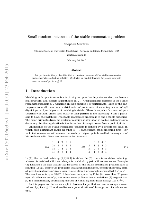 (PDF) Small random instances of the stable roommates problem