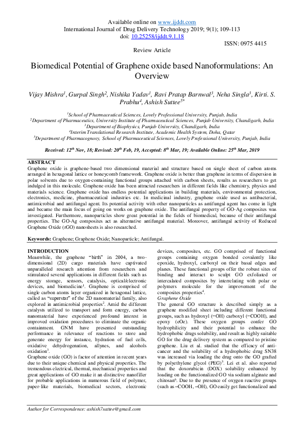 (PDF) Biomedical Potential of Graphene oxide based Nanoformulations: An ...