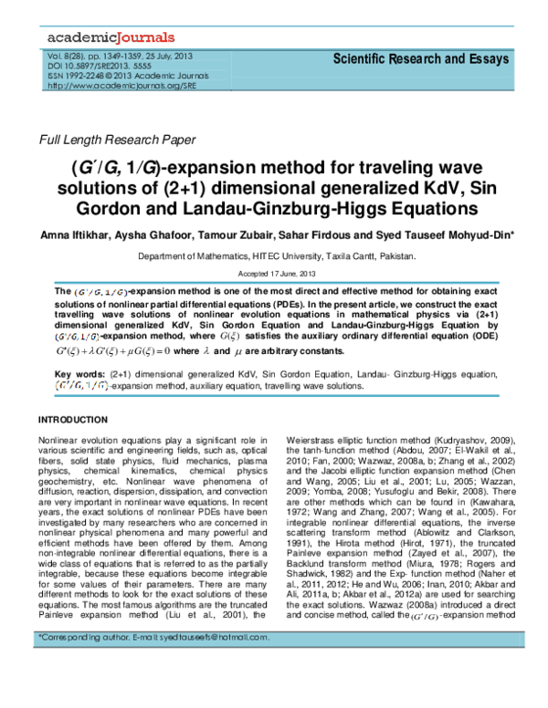 (PDF) (G/G, 1/G)-expansion method for traveling wave solutions of (2+1 ...