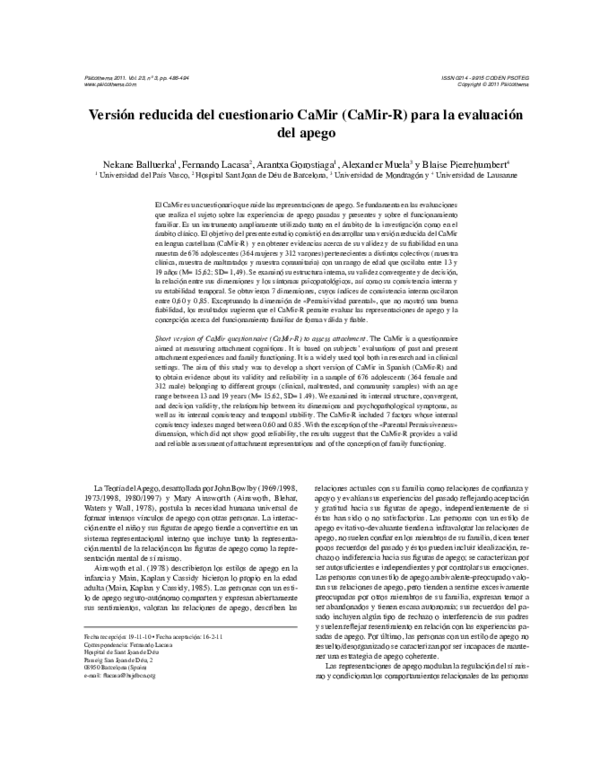 (PDF) [Short version of CaMir questionnaire (CaMir-R) to assess attachment]