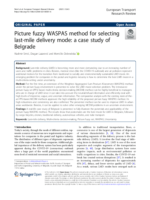 (PDF) Picture fuzzy WASPAS method for selecting last-mile delivery mode ...