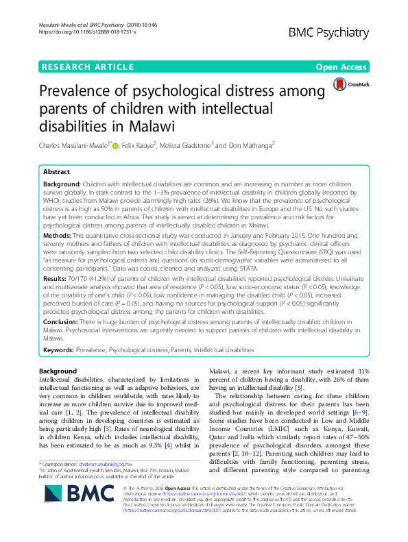 (PDF) Prevalence of psychological distress among parents of children ...