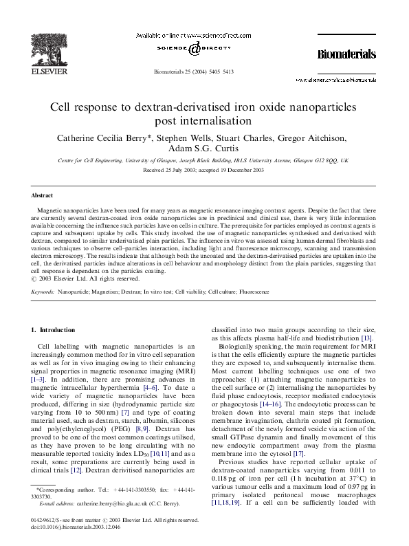 (PDF) Cell response to dextran-derivatised iron oxide nanoparticles ...