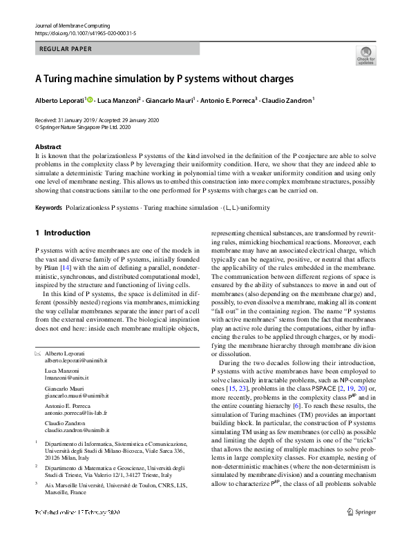 (PDF) A Turing machine simulation by P systems without charges