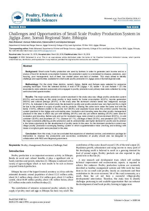(PDF) Challenges and Opportunities of Small Scale Poultry Production