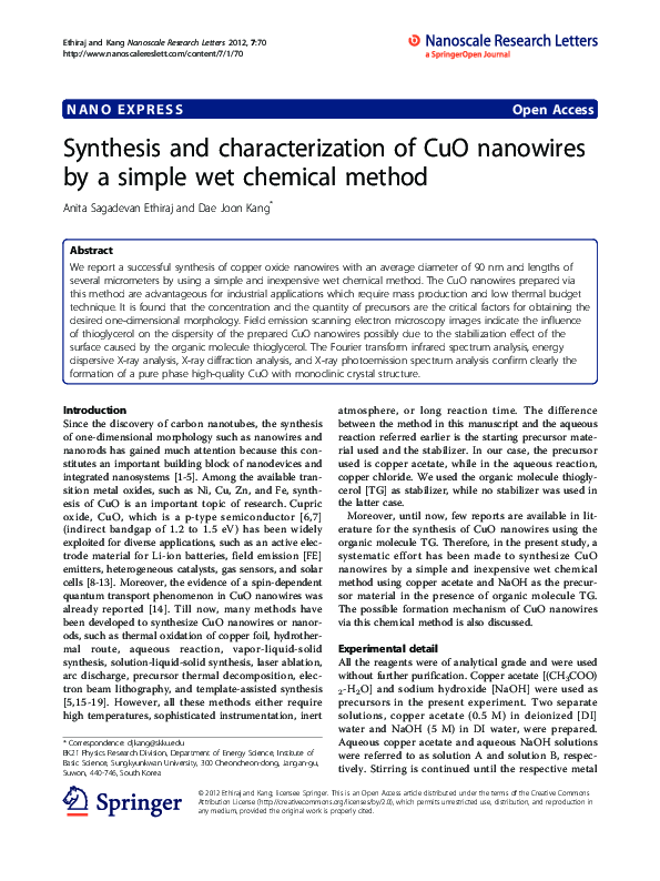 (PDF) Synthesis and characterization of CuO nanowires