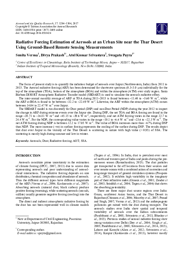 (PDF) Radiative Forcing Estimation of Aerosols at an Urban Site near ...