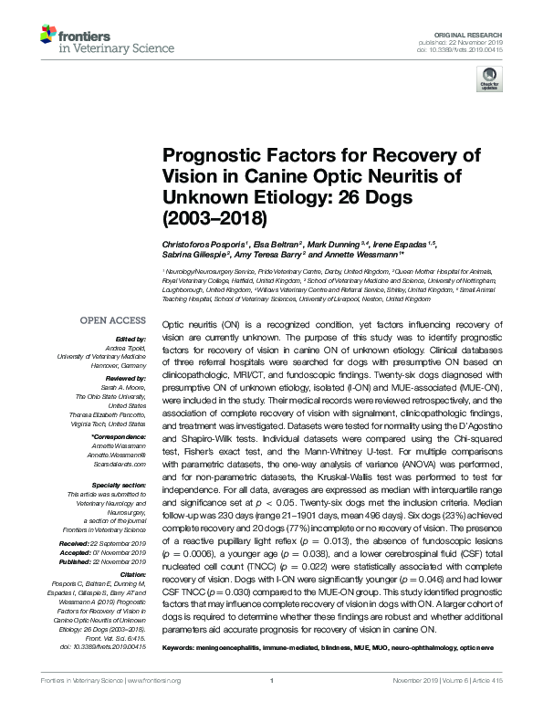 (PDF) Prognostic Factors for Recovery of Vision in Canine Optic ...