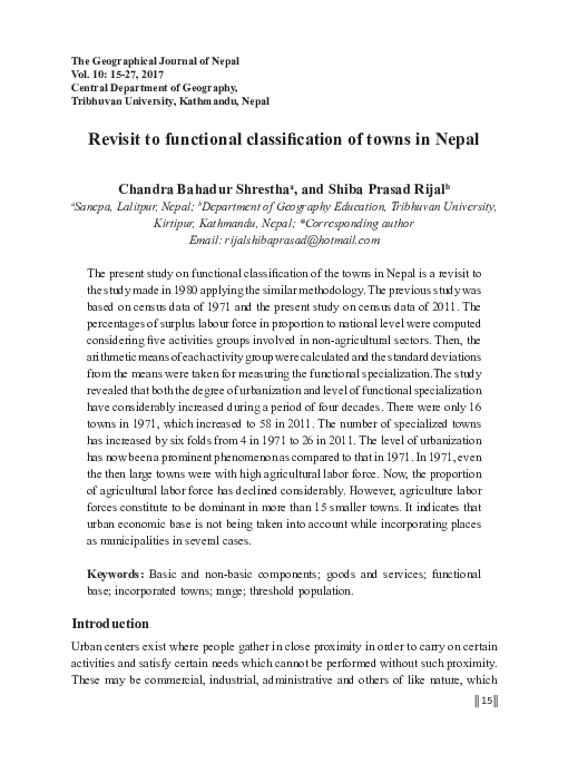(PDF) Revisit to functional classification of towns in Nepal Shiba