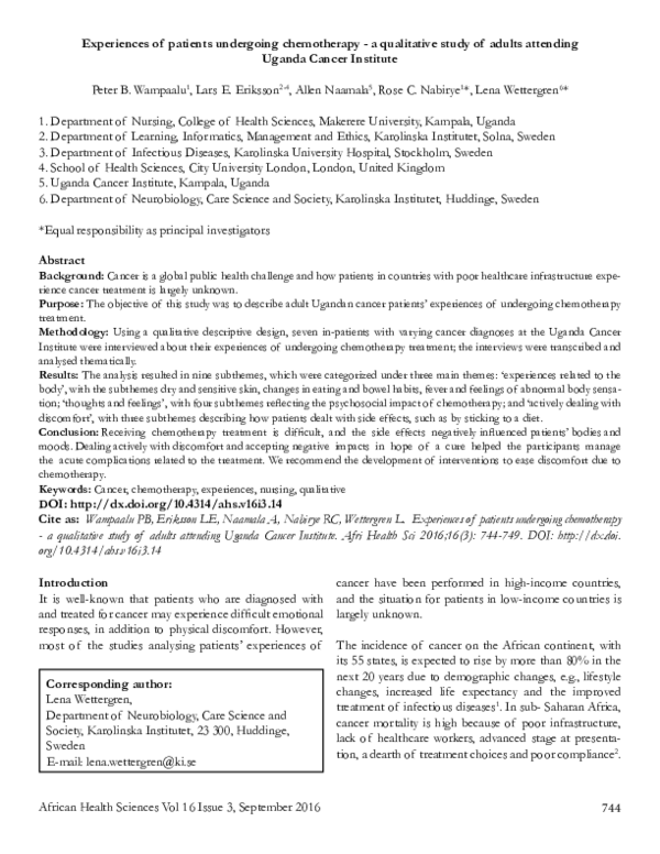 (PDF) Experiences of patients undergoing chemotherapy - a qualitative ...