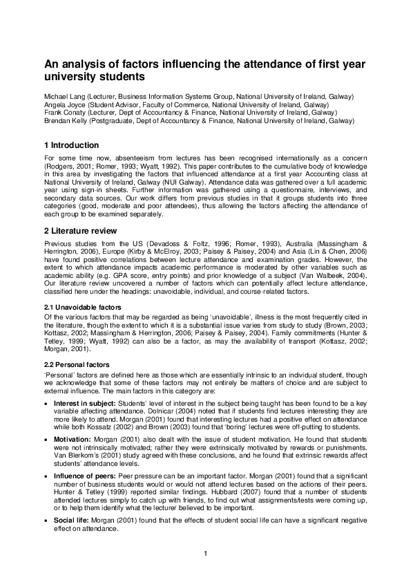 (PDF) An analysis of factors influencing the attendance of first year ...