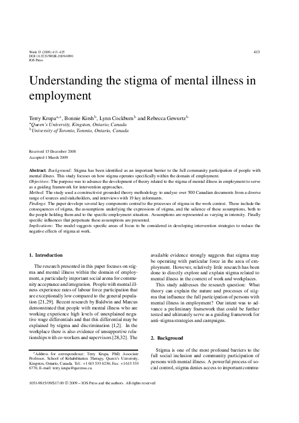 (PDF) Understanding the stigma of mental illness in employment