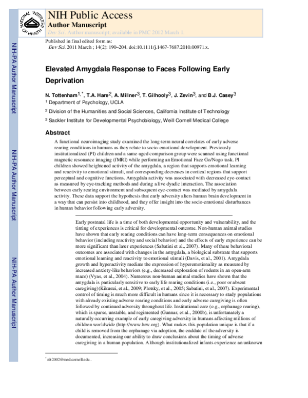 (PDF) Elevated amygdala response to faces following early deprivation