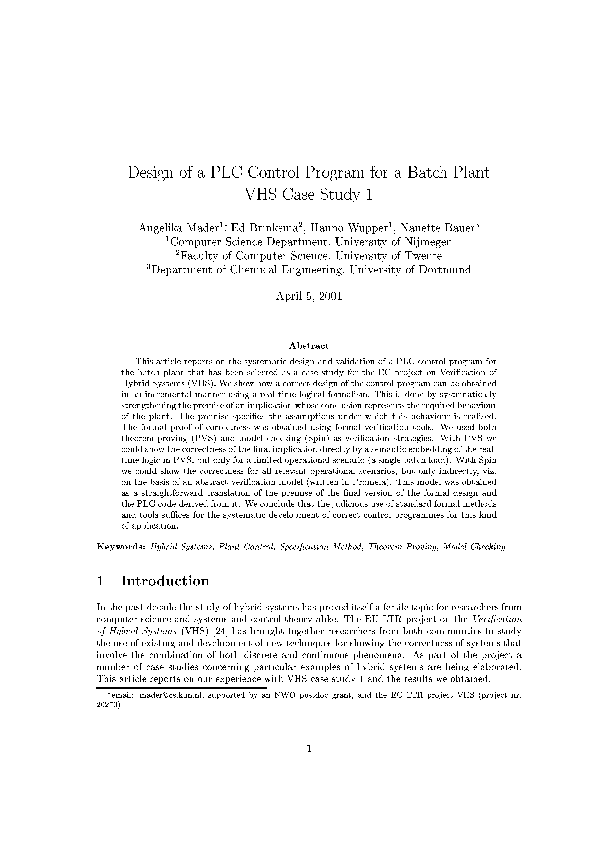 (PDF) Design of a PLC Control Program for a Batch Plant VHS Case Study 1