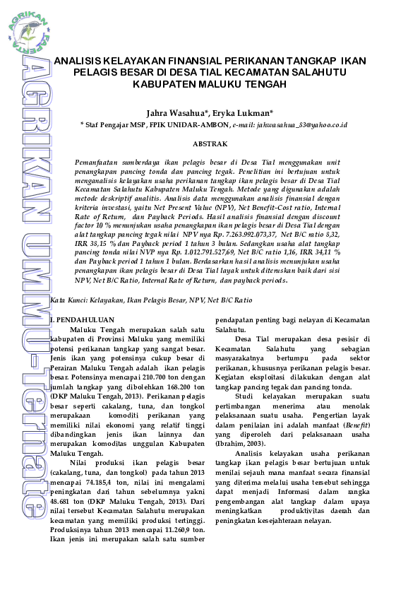 Pdf Analisis Kelayakan Finansial Perikanan Tangkap Ikan Pelagis Besar