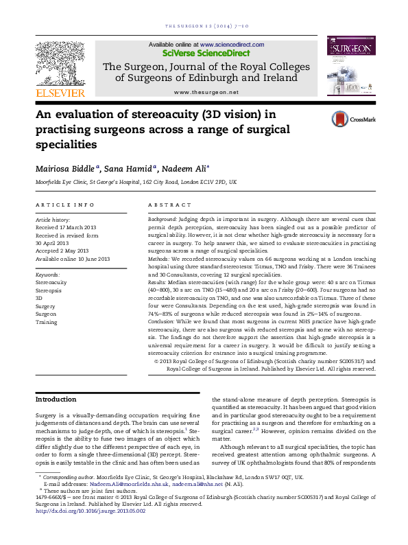 (PDF) An evaluation of stereoacuity (3D vision) in practising surgeons ...