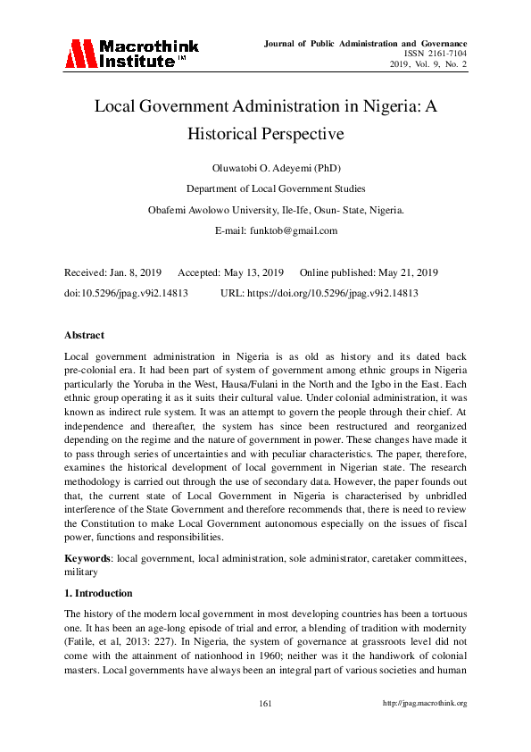 (PDF) Local Government Administration in Nigeria: A Historical Perspective