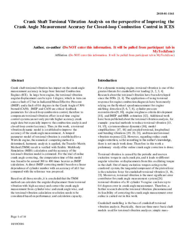 (PDF) Crank Shaft Torsional Vibration Analysis on the perspective of