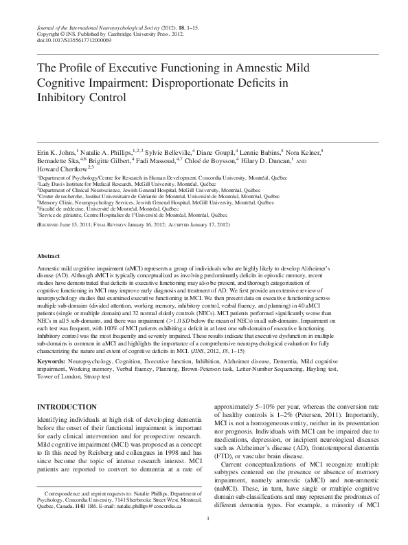 (PDF) The Profile of Executive Functioning in Amnestic Mild Cognitive ...