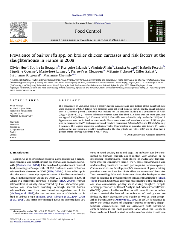 (PDF) Prevalence of Salmonella spp. on broiler chicken carcasses and ...