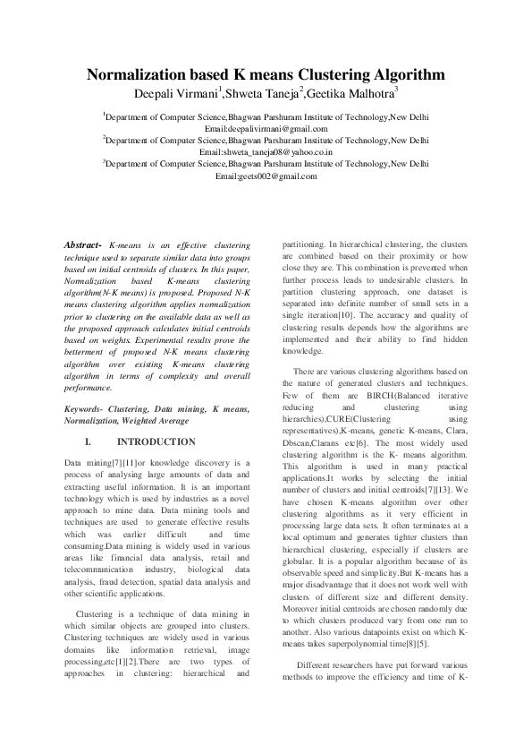 (PDF) Normalization based K means Clustering Algorithm