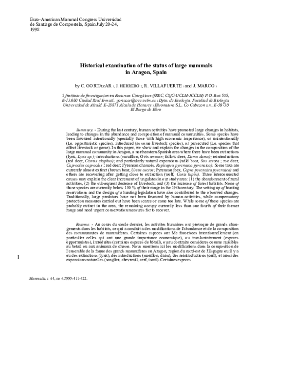 Historical examination of the status of large mammals in Aragon, Spain