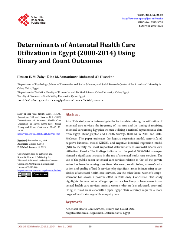 (PDF) Determinants of Antenatal Health Care Utilization in Egypt (2000 ...