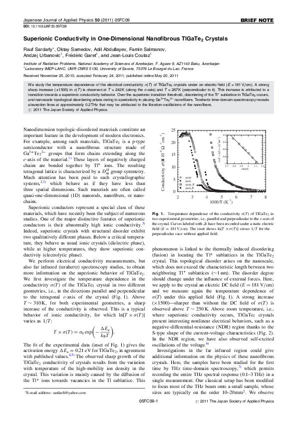 (PDF) Superionic Conductivity in One-Dimensional Nanofibrous TlGaTe 2 ...