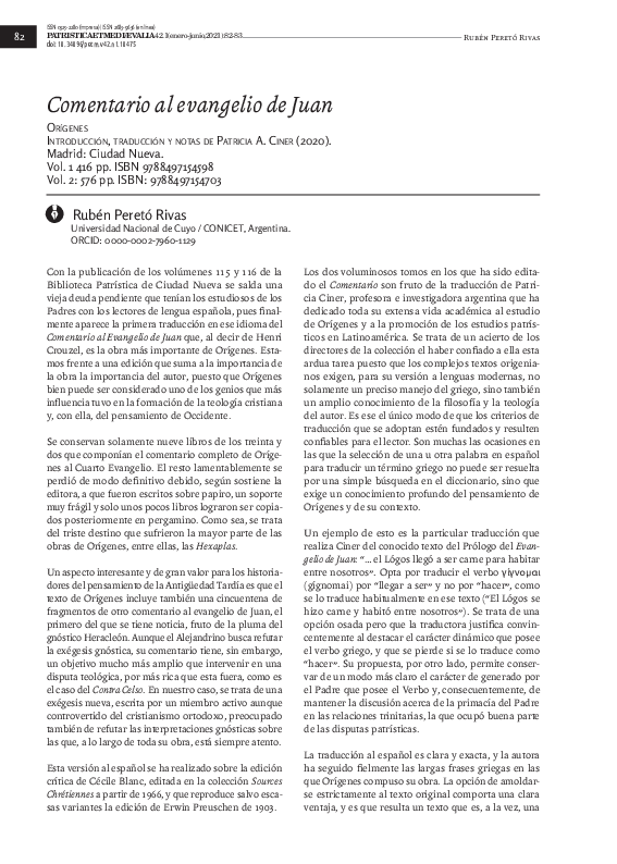 (PDF) Orígenes. Comentario al evangelio de Juan, introducción, traducción y notas de Patricia A