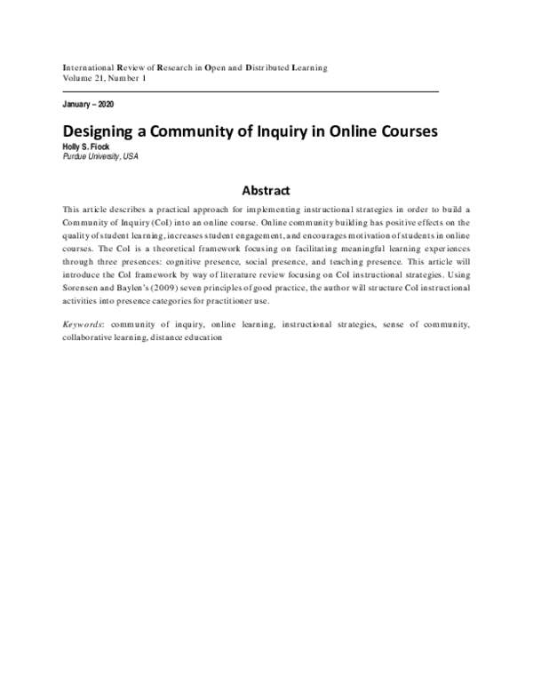 (PDF) Designing a Community of Inquiry in Online Courses