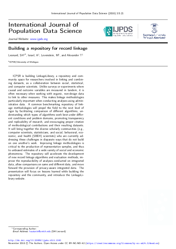 (PDF) Building a repository for record linkage